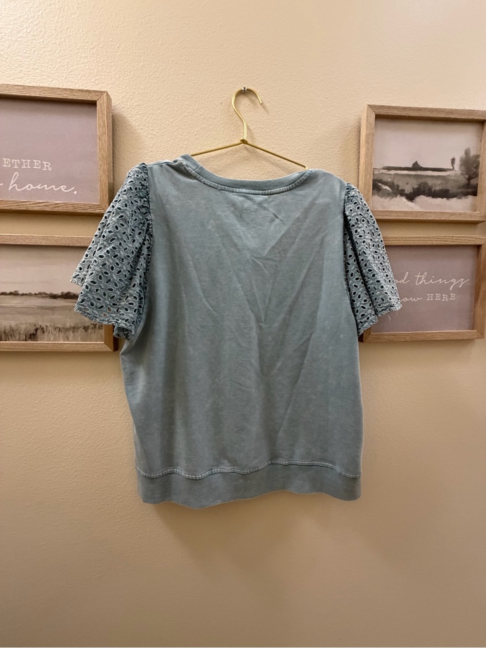 Jane and Delancey Sage Green Eyelet Sleeve Short Sleeve Tee - Picture 4 of 4